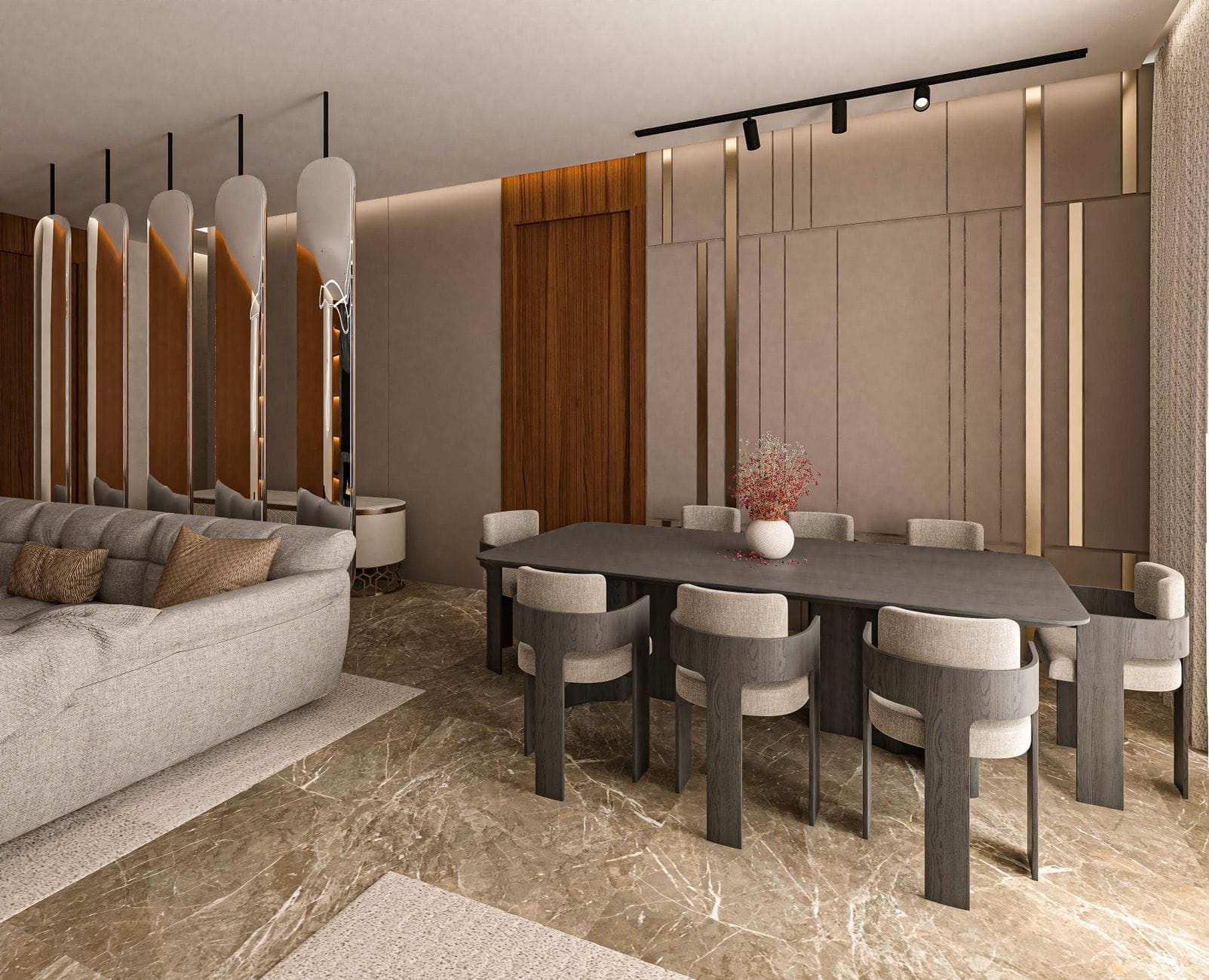 Elegancki mediolański salon z jadalnią i przytulną strefą wypoczynku