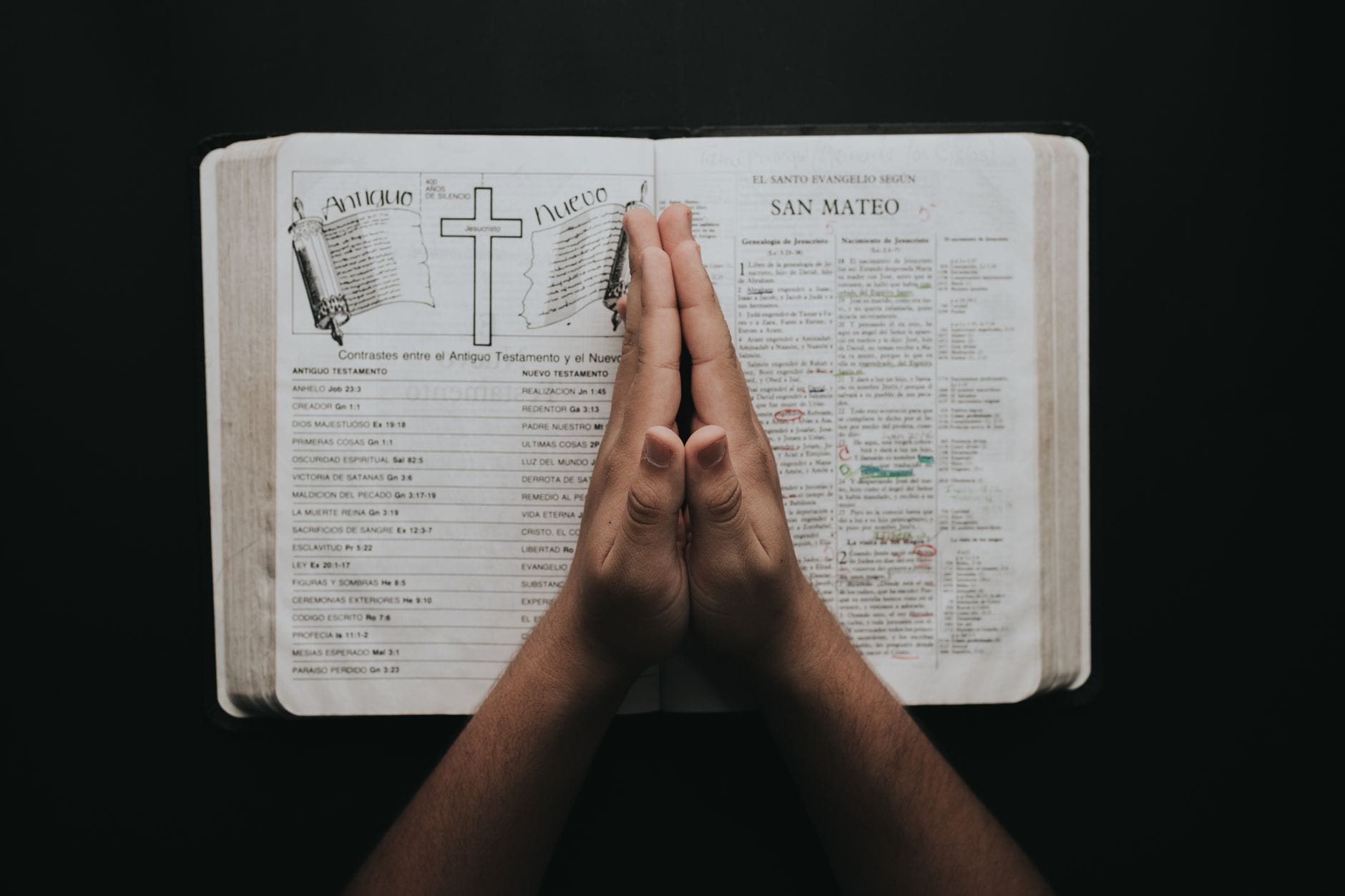 Jak usłyszeć głos Boga w codzienności: rozeznawanie Jego woli w świetle Pisma Świętego Złożone dłonie na otwartej Biblii w Ewangelii Mateusza podczas modlitwy